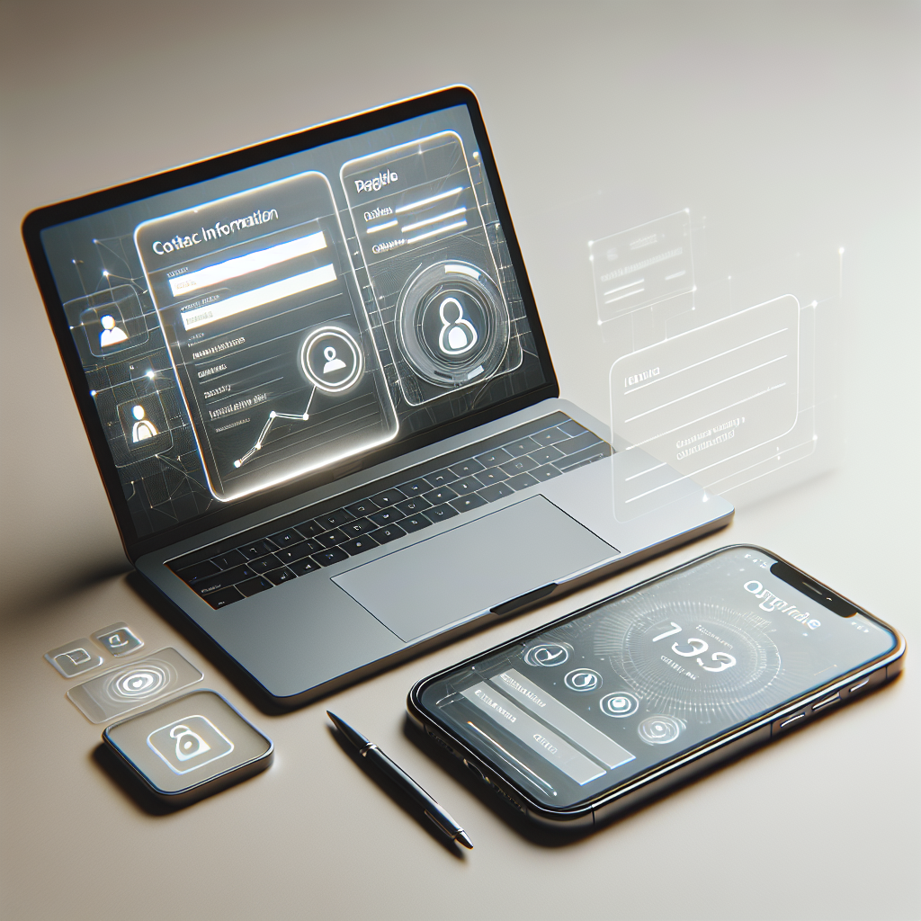 Nærbilde av mobiltelefon og laptop med et digitalt skjema for kontaktinformasjon på skjermen, nøytral bakgrunn, moderne minimalistisk stil