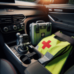 Nærbilde av en bilhytte med synlig førstehjelpsskrin, refleksvest og moderne dashcam, naturlig lys, fokus på trygghet og beredskap